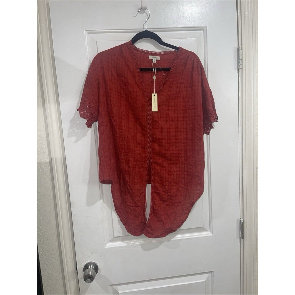 Max Studio Women’s Red Textured Short Sleeve Open Front Size M Org Price $78